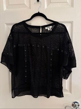 DKNY Black Sheer Eyelet Accent Blouse